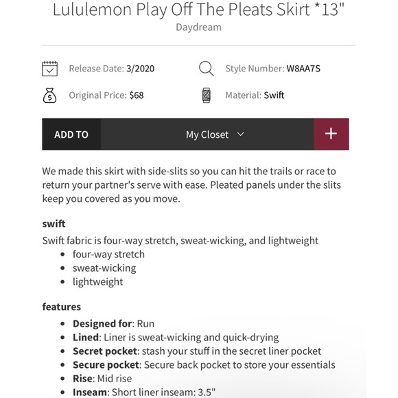 Lululemon Play Off The Pleats Skirt *13" in Daydream - Picture 3 of 9